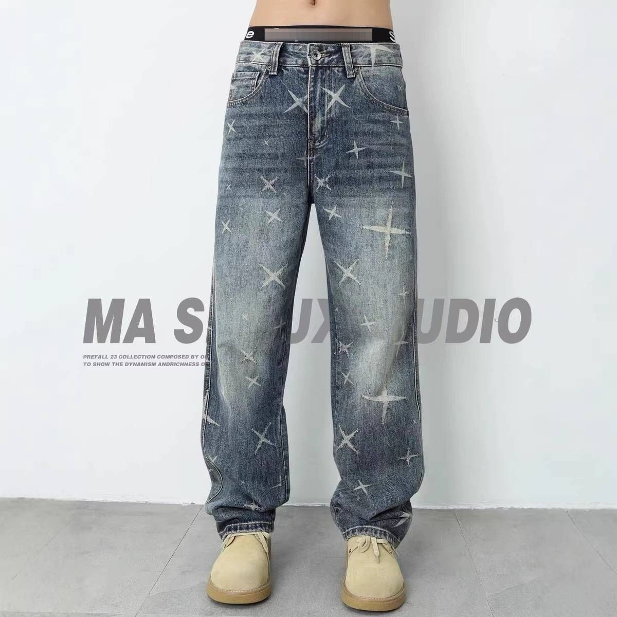Men's Relaxed Fit Star Print Jeans – Vintage Washed Straight Leg Denim Pants (Size 28-38, Blue)_mkmklike.com