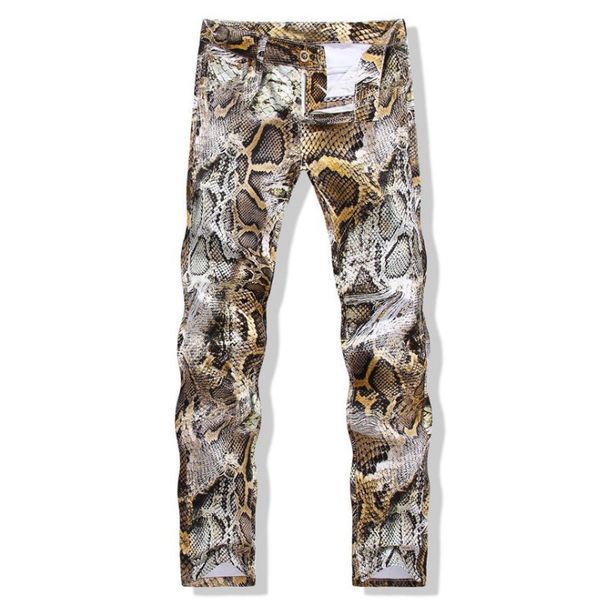 Men's Slim Fit Snakeskin Print Jeans Trendy Casual Straight Leg Trousers Mid Waist Cotton Long Pants_mkmklike.com