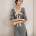 Sweet Pleated Contrasting V-Neck Denim Skirt 2025 Spring Fashion Single Breasted Non Elastic Slim Fit Dress_mkmklike.com