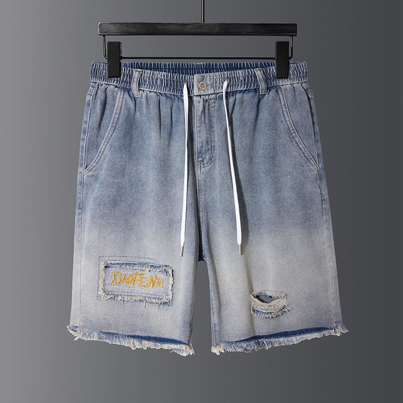 Men's Summer Elastic Waist Denim Shorts Loose Fit Mid Waist Comfortable Jeans Shorts_mkmklike.com