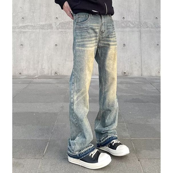 Men's Vintage High Street Vibe Washed Straight Leg Bootcut Jeans - Retro Yellow Mud Dye Denim Pants_mkmklike.com