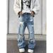 Men's Washed Ripped And Distressed Slightly Flared Jeans Casual High Street Trendy Floor Length Trousers_mkmklike.com