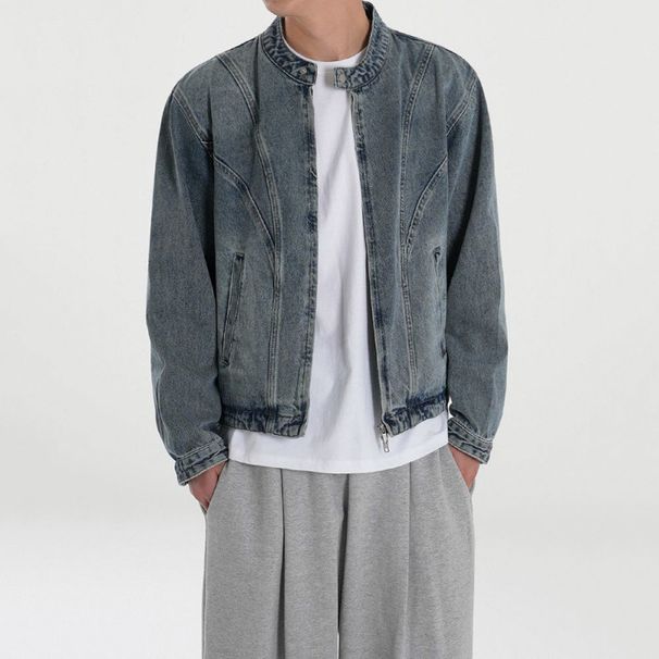 MYQ Handsome Short Denim Men's Spring Loose Casual Jacket Korean Version Trendy Stand Up Collar Top_mkmklike.com