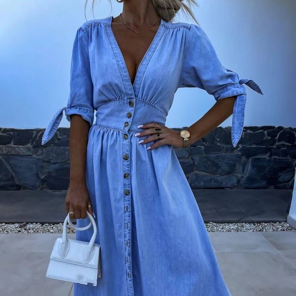 Women's Clothing Fashion Sexy V Neck Long Button Denim Dress_mkmklike.com