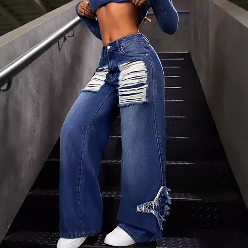 Vintage Blue Star-Patch Jeans – Distressed Flared Denim With Fringe Hem_mkmklike.com