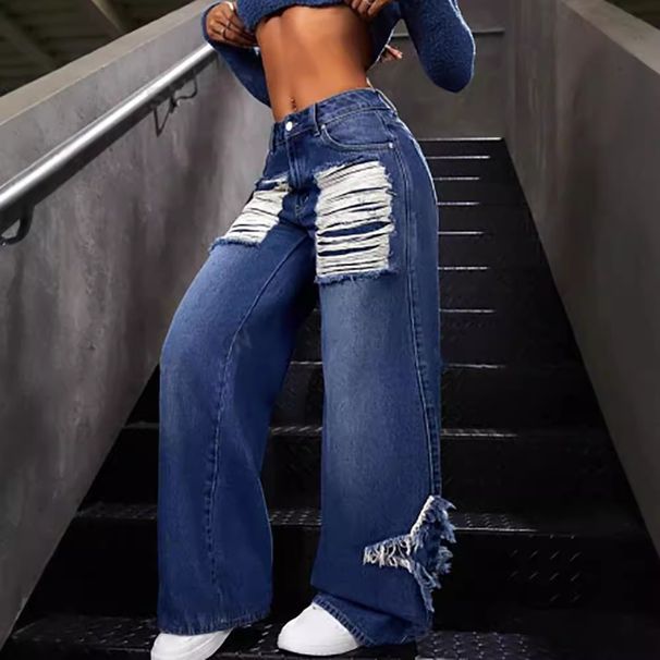 Vintage Blue Star-Patch Jeans – Distressed Flared Denim With Fringe Hem_mkmklike.com