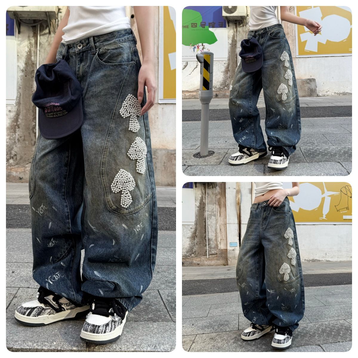 Men's Clothing Trendy Loose Fitting Straight Leg Blue Washed Denim Jeans Curved Edges For Formal & Casual_mkmklike.com