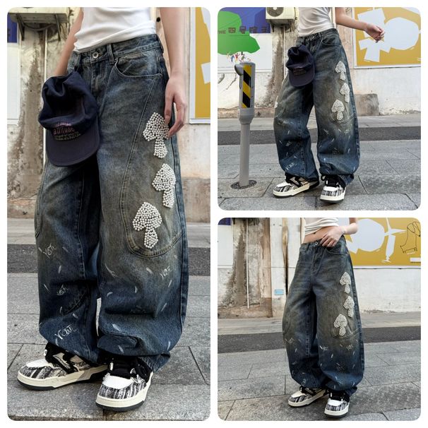 Men's Clothing Trendy Loose Fitting Straight Leg Blue Washed Denim Jeans Curved Edges For Formal & Casual_mkmklike.com