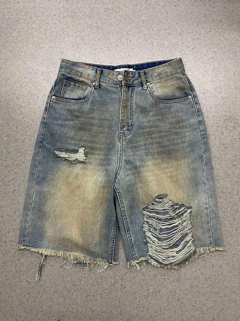 Men's Distressed Denim Shorts, Vintage Washed Light Blue Casual Relaxed Fit 5-Pocket Cargo Shorts For Summer Street Style_mkmklike.com
