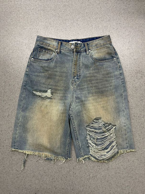 Men's Distressed Denim Shorts, Vintage Washed Light Blue Casual Relaxed Fit 5-Pocket Cargo Shorts For Summer Street Style_mkmklike.com