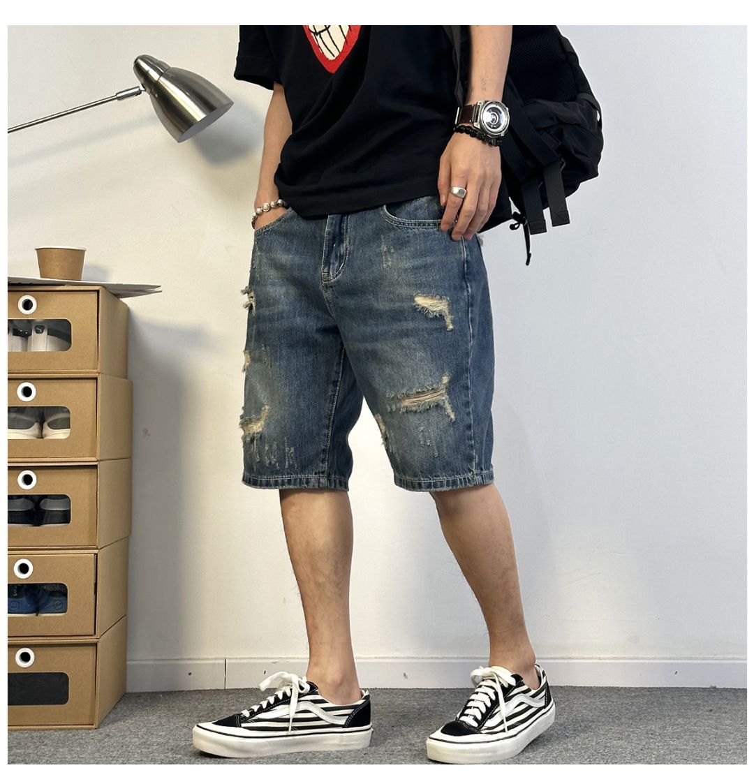 Denim Shorts For Men In Summer, Thin Cut, Ripped, Versatile, Slim Fit, Straight Leg, Trendy Korean Version, Five Point_mkmklike.com
