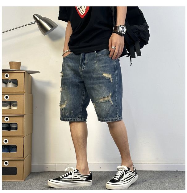 Denim Shorts For Men In Summer, Thin Cut, Ripped, Versatile, Slim Fit, Straight Leg, Trendy Korean Version, Five Point_mkmklike.com