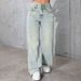 Women's Loose Straight Leg Wide Flare Double Button Jeans - High Waist Casual Denim Pants With Pockets_mkmklike.com