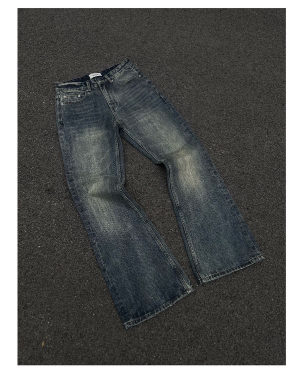 Men's Clothing Festival Sunset Blur Dyeing Washed Distressed Legs Bootcut Flared Loose Jeans_mkmklike.com