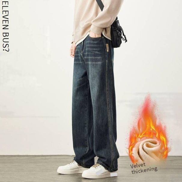 Men's Straight-Leg Fleece-Lined Jeans – High Street Vintage, Winter-Ready Cotton Denim (83% Cotton, Washed & Whiskered, 28-38, No Stretch, Mid-Rise)_mkmklike.com