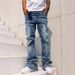HME Men's Fleece Lined Thickened Jeans Slim Fit Frayed Hem High Street Style Slightly Flared Pants European American Cross Border_mkmklike.com