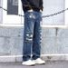 Men's Distressed Patchwork Relaxed Fit Fleece-Lined Straight Leg Denim Pants For Winter - Casual Streetwear Style_mkmklike.com