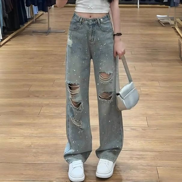 Ripped Diamond Straight Jeans For Women 2025 Summer Thin Style Pear Shaped Body Loose Slim Narrow Version Wide Leg_mkmklike.com