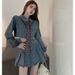 Chicco Spicy Girl Denim Set Women's New Frayed Collar Short Jacket High Waist Slimming Half Dress_mkmklike.com