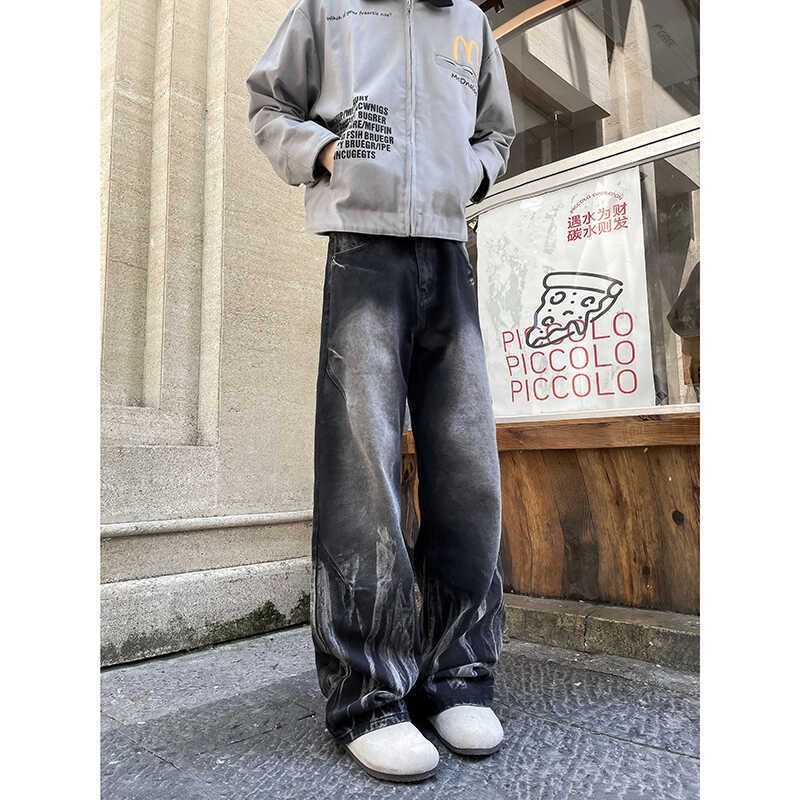 High Street Style Tie-dye Gradual Change Jeans Men's Niche Wide-leg Hiphop Teen Loose Straight Micro-pull Pants_mkmklike.com