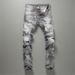 Men's Clothing High Street Fashion New Gray Ripped Patch Slim Fit Slim Fit Trendy Brand Youth Casual Men's Denim Trousers_mkmklike.com