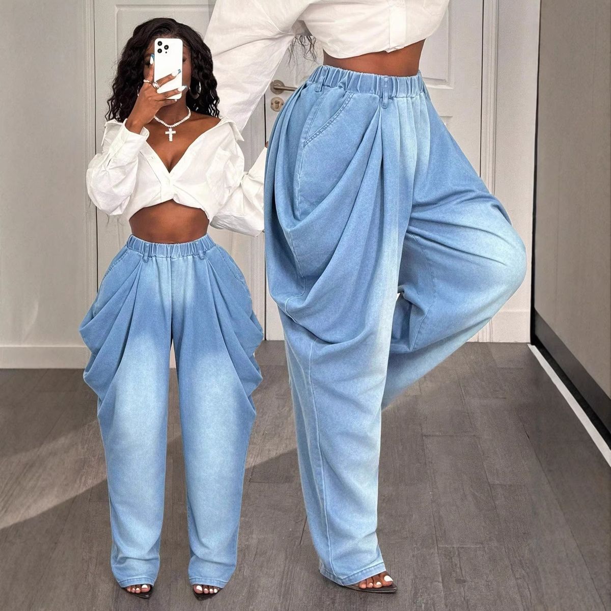 Women's Clothing Versatile Wide Leg Floor Length Slimming Jeans For Women Loose Fitting Europe America For Formal & Casual_mkmklike.com