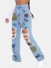 Women's Clothing Fashion Ripped Print Straight High Waist Slim Denim Trousers Versatile Trendy Jeans_mkmklike.com