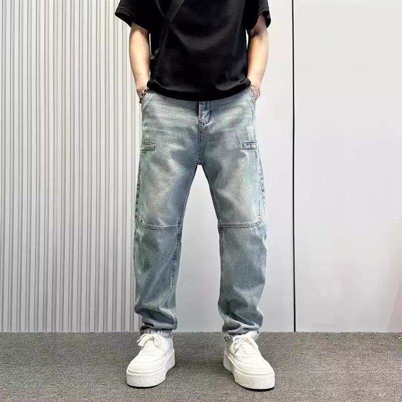Men's Heavyweight Retro Distressed Denim Jeans Casual Straight Leg Loose Wide Leg Pants Trendy Autumn Fashion_mkmklike.com