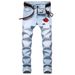 Men's Slim Fit Stretch Jeans Light Blue Denim Pants Comfortable Casual Trousers Everyday Wear with Embroidered Rose_mkmklike.com
