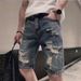 Men's Ripped Denim Shorts Trendy Loose Fitting Straight Leg Mid-Length Versatile Five Point Summer Blue Jeans Low Waist_mkmklike.com