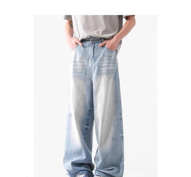 American Retro Washed Jeans – Glacier Blue Cleanfit Loose Straight Stacked Trousers For Men_mkmklike.com