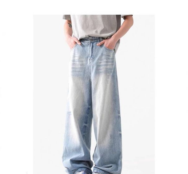 American Retro Washed Jeans – Glacier Blue Cleanfit Loose Straight Stacked Trousers For Men_mkmklike.com