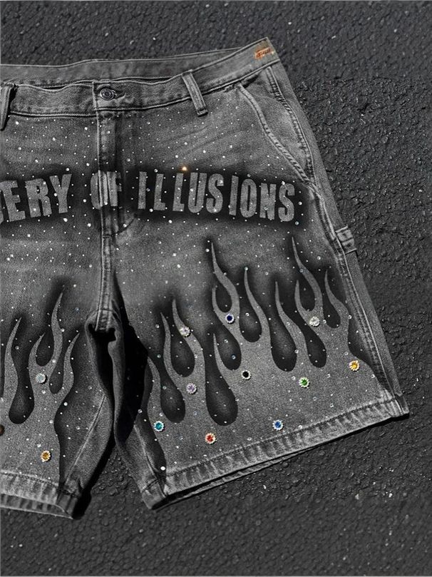 Men's Mid-Waist Straight Leg Washed Denim Shorts Trendy Rhinestone Design High Street Style Japanese Inspired Trousers_mkmklike.com