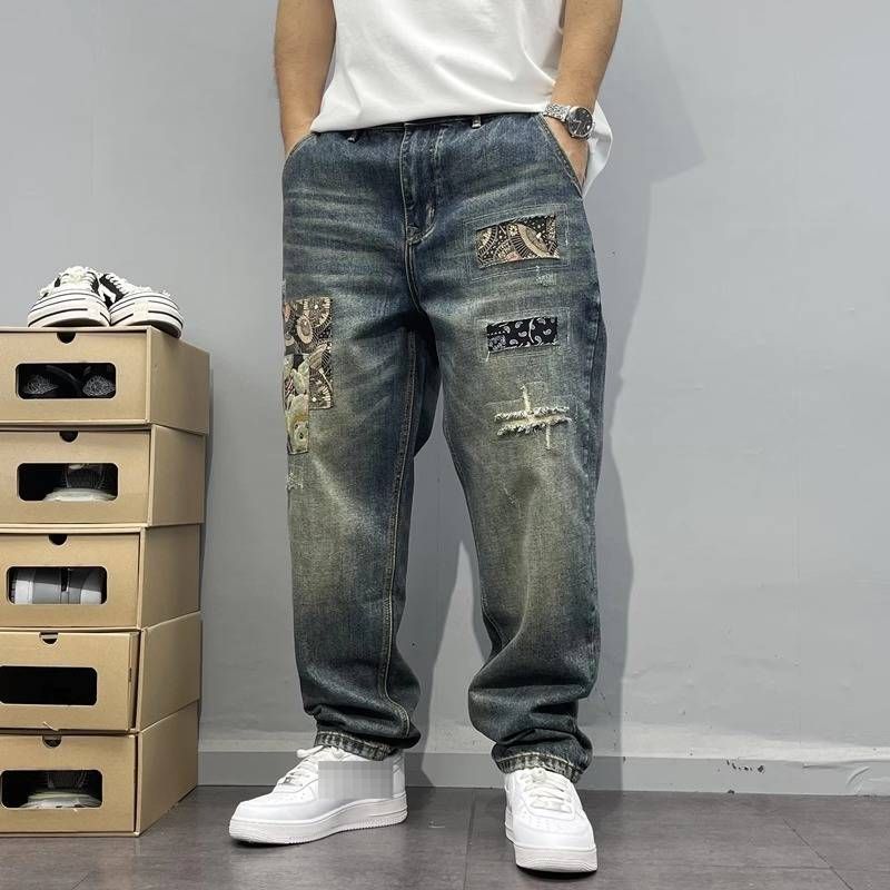 Men's Summer American Retro Loose Straight Leg Jeans Ripped Patches And Patchwork Versatile Long Pants_mkmklike.com
