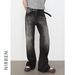 Nirben American High Street Style Whiskered Washed Jeans Flared Loose Straight Leg Pants mid Waist Long Non-Stretch Blue_mkmklike.com