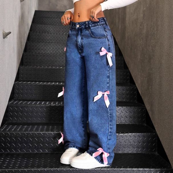 Women's Loose Wide-Leg Jeans – Vintage Washed Denim Pants With Pure Straight Fit, Street Bow Detail & Comfortable Stretch_mkmklike.com