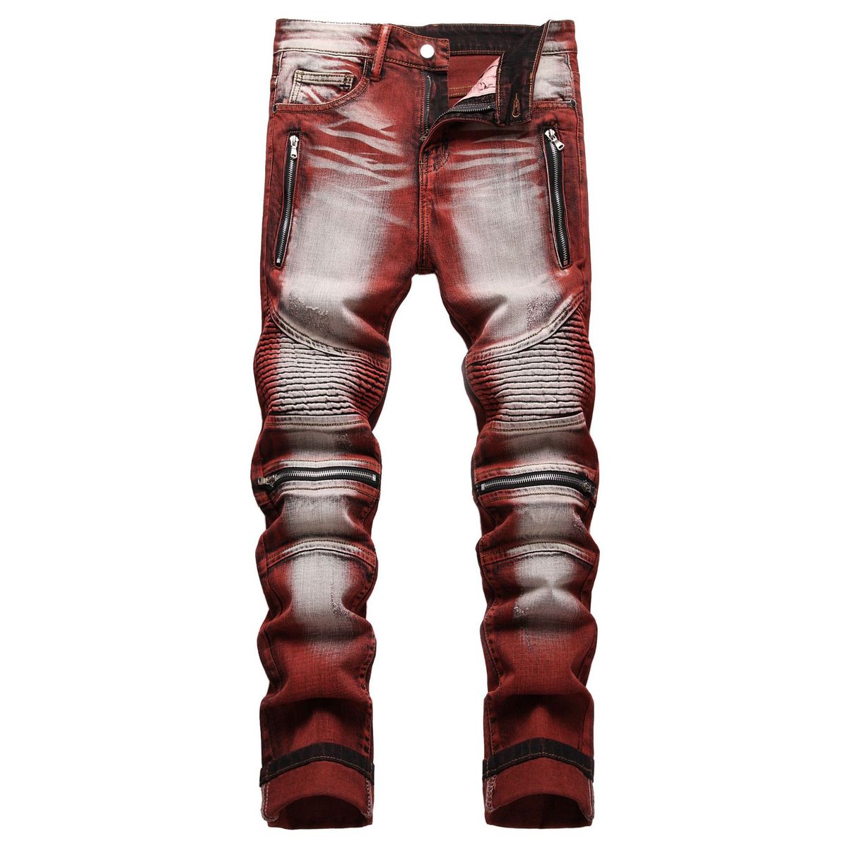 Men's Clothing Original European And American Style Motorcycle Pants Elastic Zipper Decoration Dyeing Personality Fashion Skinny Jeans_mkmklike.com