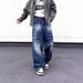 Distressed Denim Jeans With Rivet Details - Loose Fit Wide Leg Pants For Men & Women, Vintage Washed_mkmklike.com