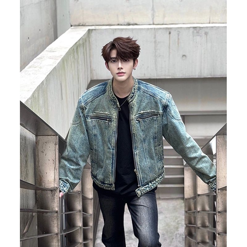 American High Street Short For Men, Autumn And Winter, Zipper Design, Regular Shoulder, Premium Washed Denim Jacket_mkmklike.com