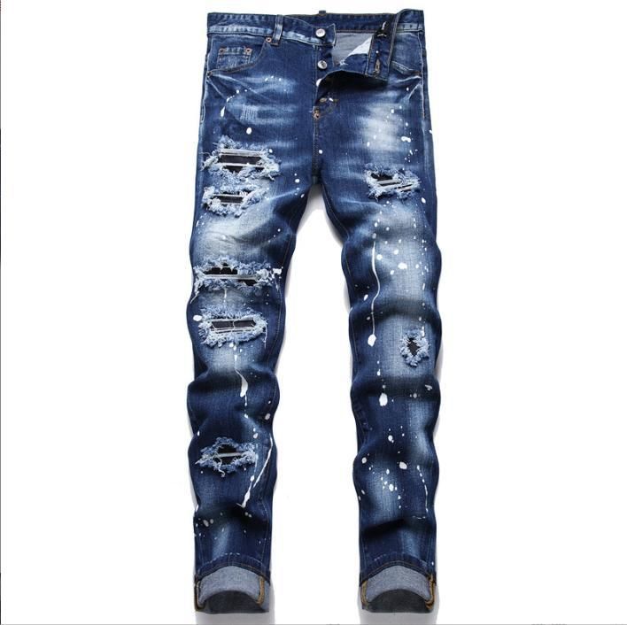 Men's Slim Fit Mid-Rise Distressed Patchwork Jeans - Stretch Denim Pants With Printed Design For Casual Wear_mkmklike.com