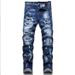 Men's Slim Fit Mid-Rise Distressed Patchwork Jeans - Stretch Denim Pants With Printed Design For Casual Wear_mkmklike.com