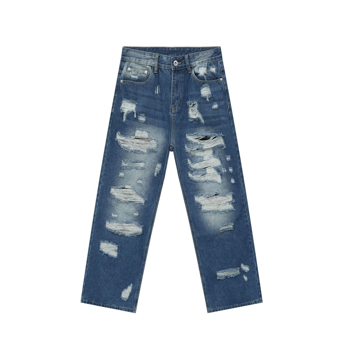 Men's American Retro Destroyed Denim Pants | Distressed Ripped Loose Fit Straight Leg Wide Leg Jeans With Multiple Tears_mkmklike.com
