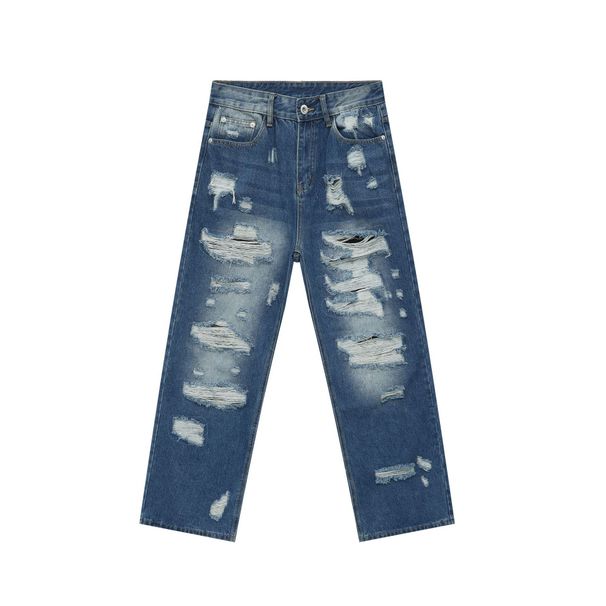 Men's American Retro Destroyed Denim Pants | Distressed Ripped Loose Fit Straight Leg Wide Leg Jeans With Multiple Tears_mkmklike.com