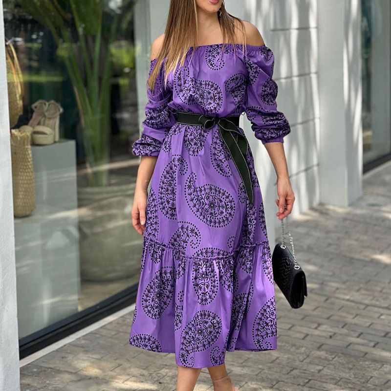 Women's Off Shoulder Large Swing Long Sleeve Mid length Printed Dress_mkmklike.com