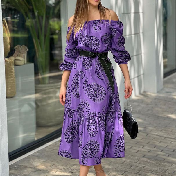 Women's Off Shoulder Large Swing Long Sleeve Mid length Printed Dress_mkmklike.com
