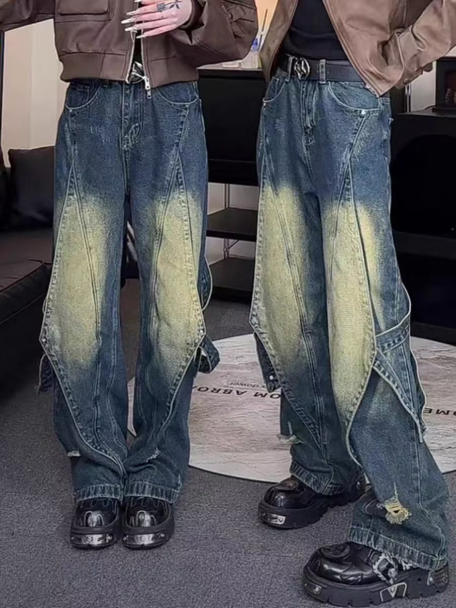 High Street Retro Distressed Wasteland Style Washed Wrinkled Flared Jeans Men's European And American Wide-Leg Trendy_mkmklike.com