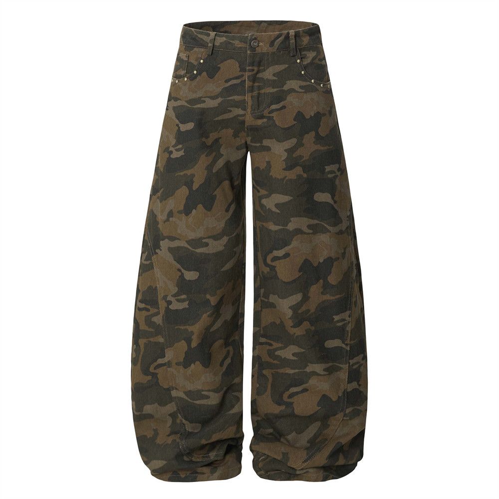 American Style Camouflage Scimitar Jeans Men's Vibe Trendy Metal Rivet Design Loose Wide-Leg Oversized Long Pants_mkmklike.com