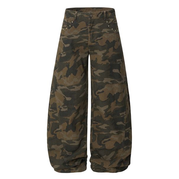 American Style Camouflage Scimitar Jeans Men's Vibe Trendy Metal Rivet Design Loose Wide-Leg Oversized Long Pants_mkmklike.com