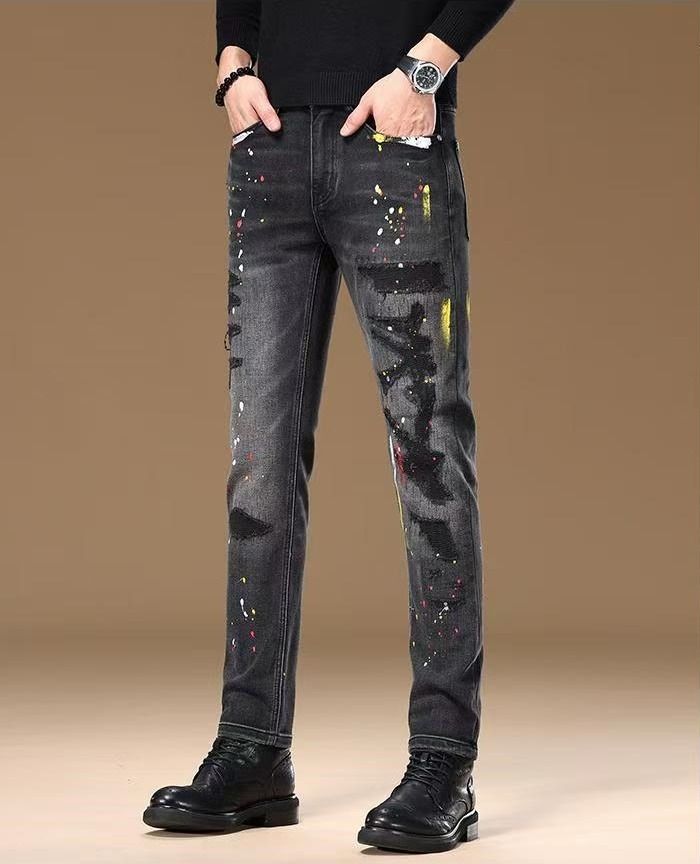 Streetwear Spray-Print Slim Fit Jeans For Men – Distressed Ink Wash Denim Pants With American Casual Style (Black-Grey, Sizes 28-36)_mkmklike.com