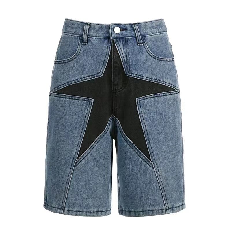 Men's Clothing Denim Shorts Street Fashion Loose Contrast Color Five Pointed Star Patch New Style Shorts_mkmklike.com